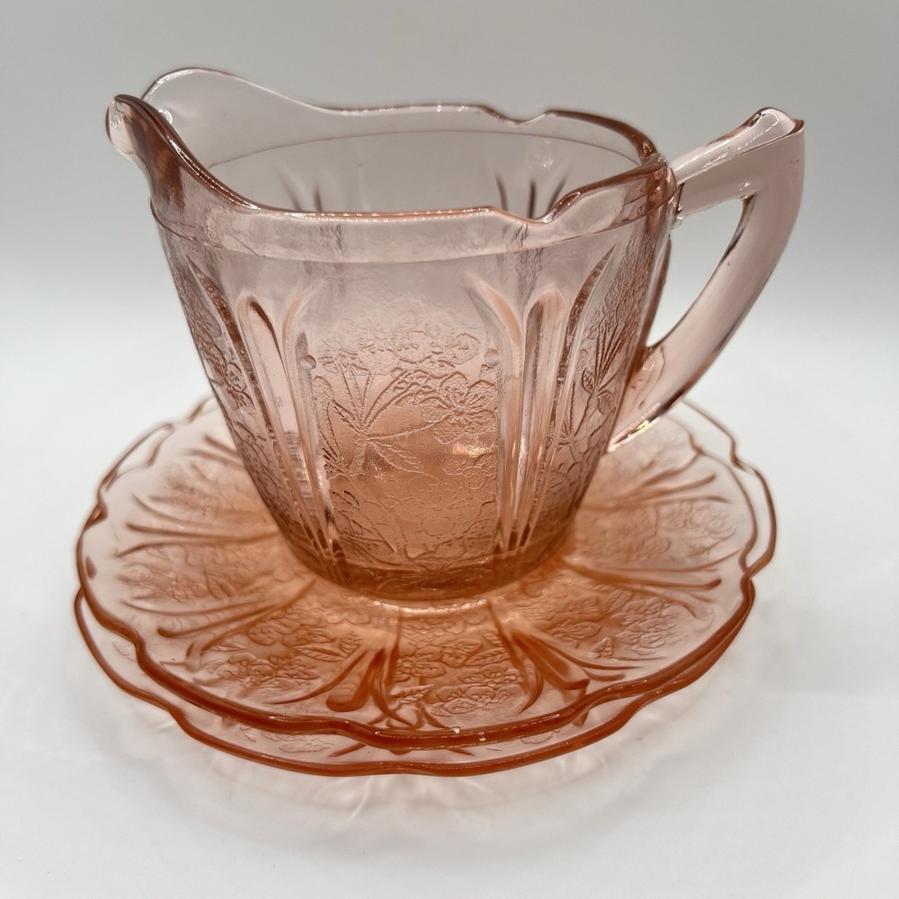 Vintage Jeanette Cherry Blossom Pink Depression Glass Creamer with 2 Saucers